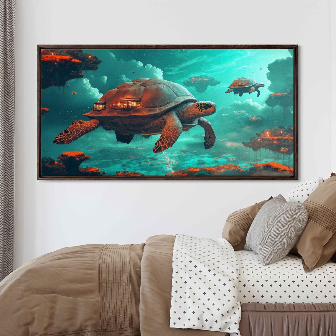 Mystical Floating Turtle Shells Wall Art Print Tropical Teal Fantasy Scene