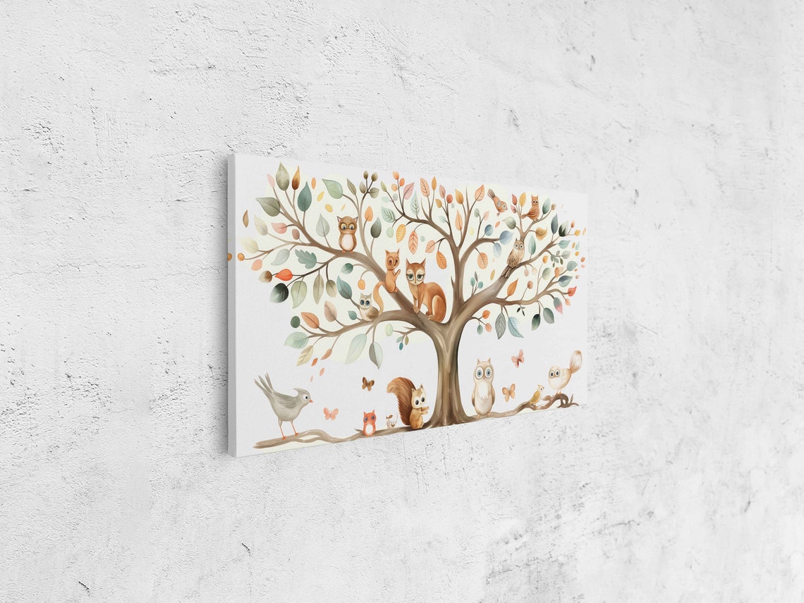 Tree Of Life Watercolor Autumn Animals Owls Fox Squirrels Art Poster - Image 4