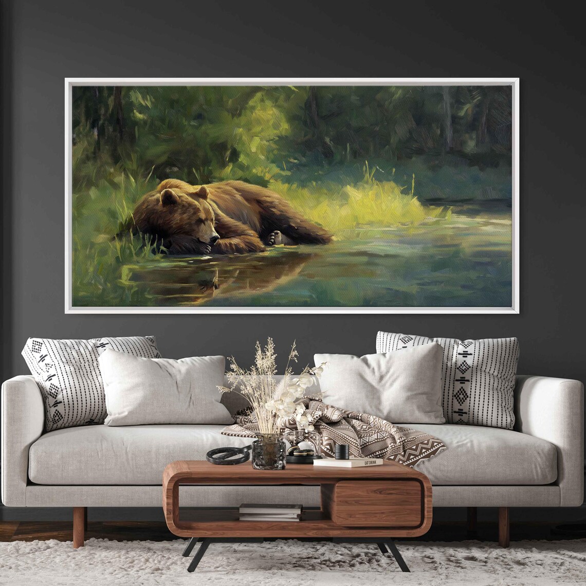 Grizzly Bear Resting By The Riverbank Serene Green Nature Art Poster - Image 3