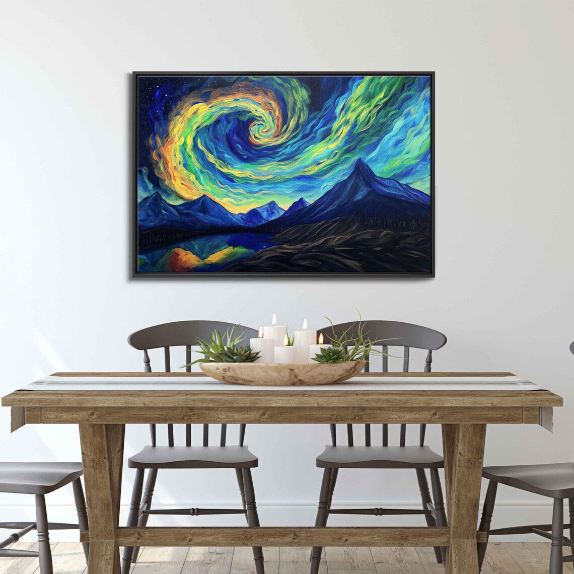 Spiral Aurora Borealis Night Sky Over Dark Mountain Silhouettes Poster - Image 3
