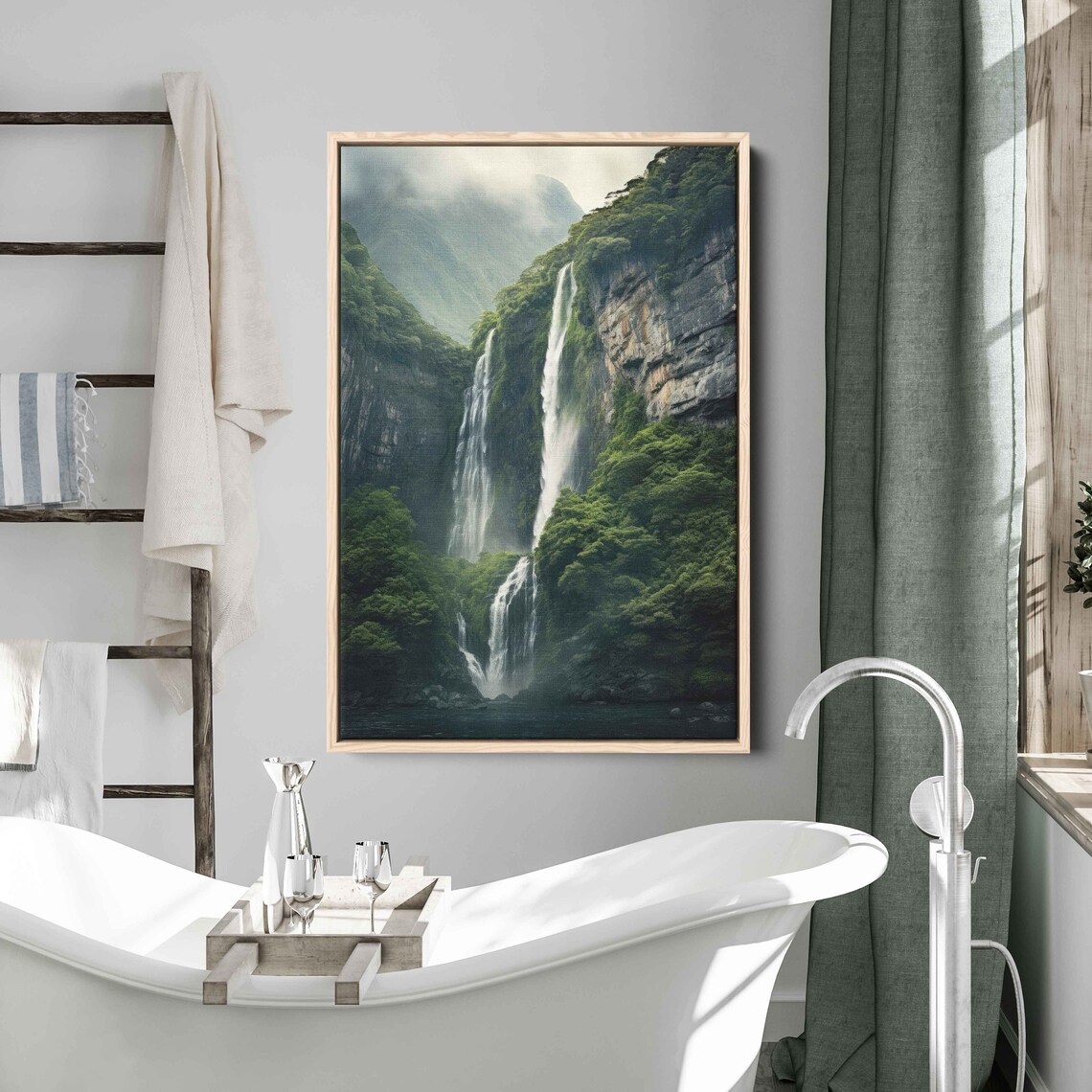 Towering Waterfall Over Rugged Cliffs Wall Art Ready To Hang Cliffside Nature Crashing Water Ready To Hang