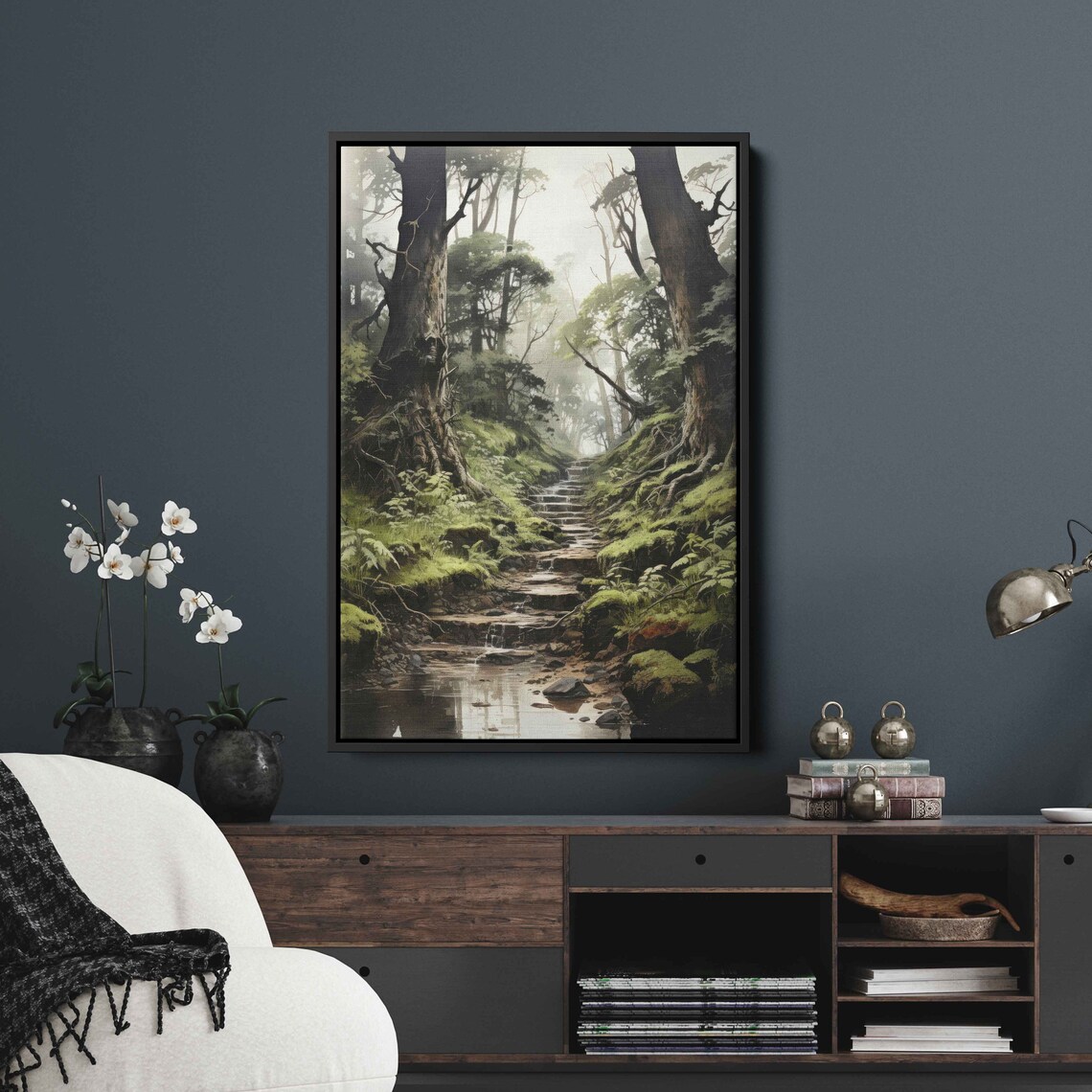 Dense Foggy Forest Painting Wall Art Print Nature Steps Walkway Towering Trees Ready To Hang - Image 2