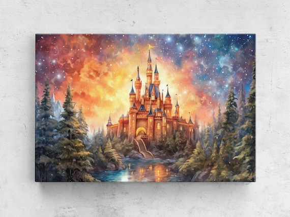 Fairy Tale Castle Fiery Sunset Galaxy Sky Lake Pine Forest Poster