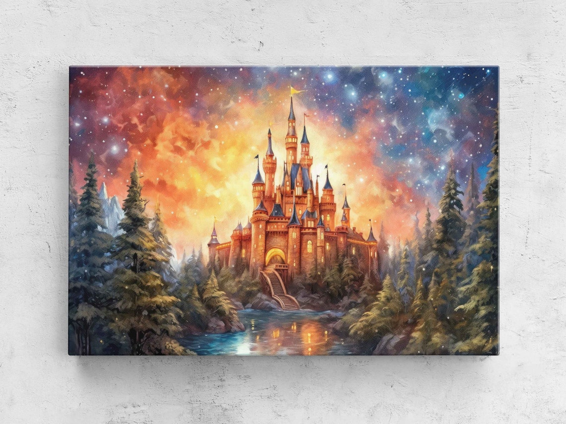 Fairy Tale Castle Fiery Sunset Galaxy Sky Lake Pine Forest Poster