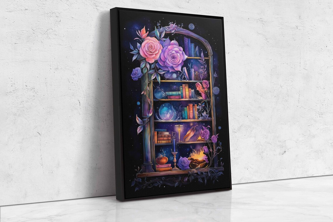 Celestial Witch Bookshelf Watercolor Roses Crystal Ball Magic Night Art Print - Image 4