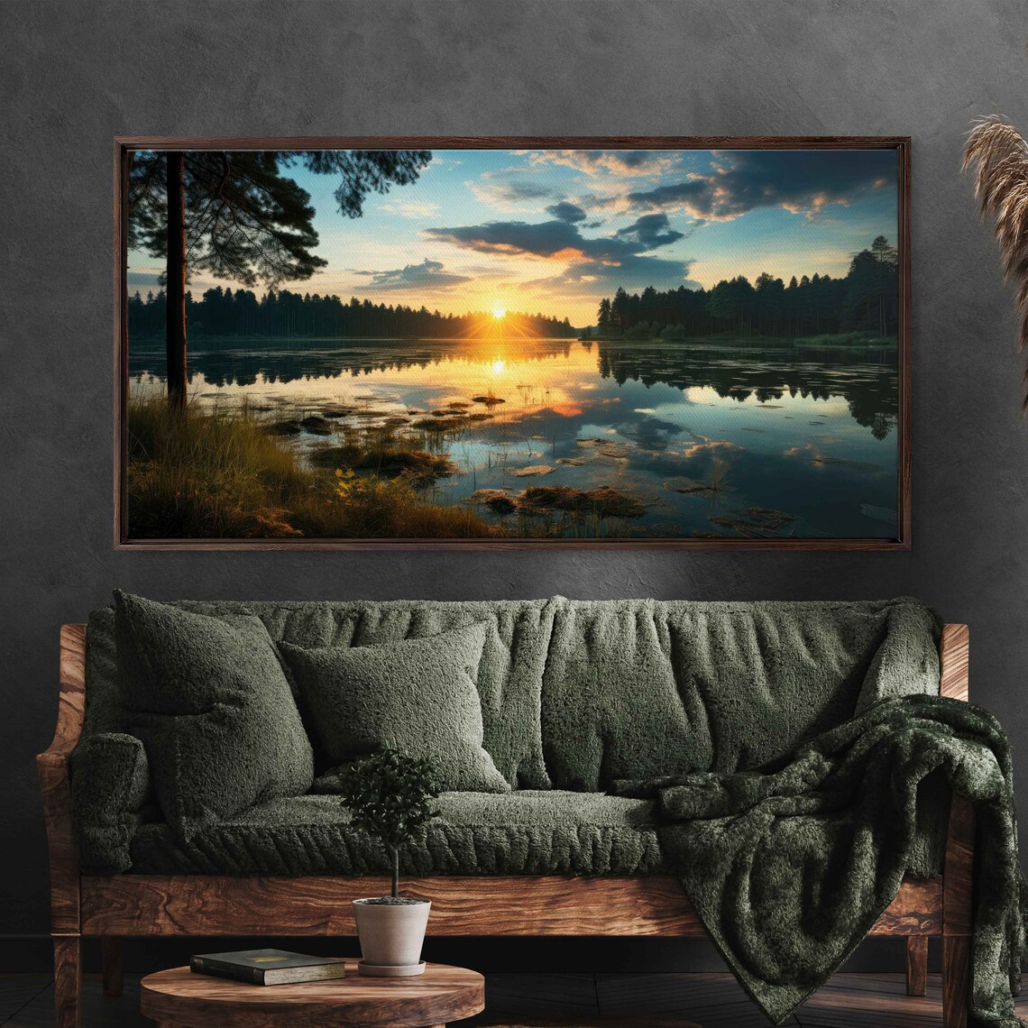 Golden Sunrise Forest Lake Still Water Reflection Reeds Nature Poster