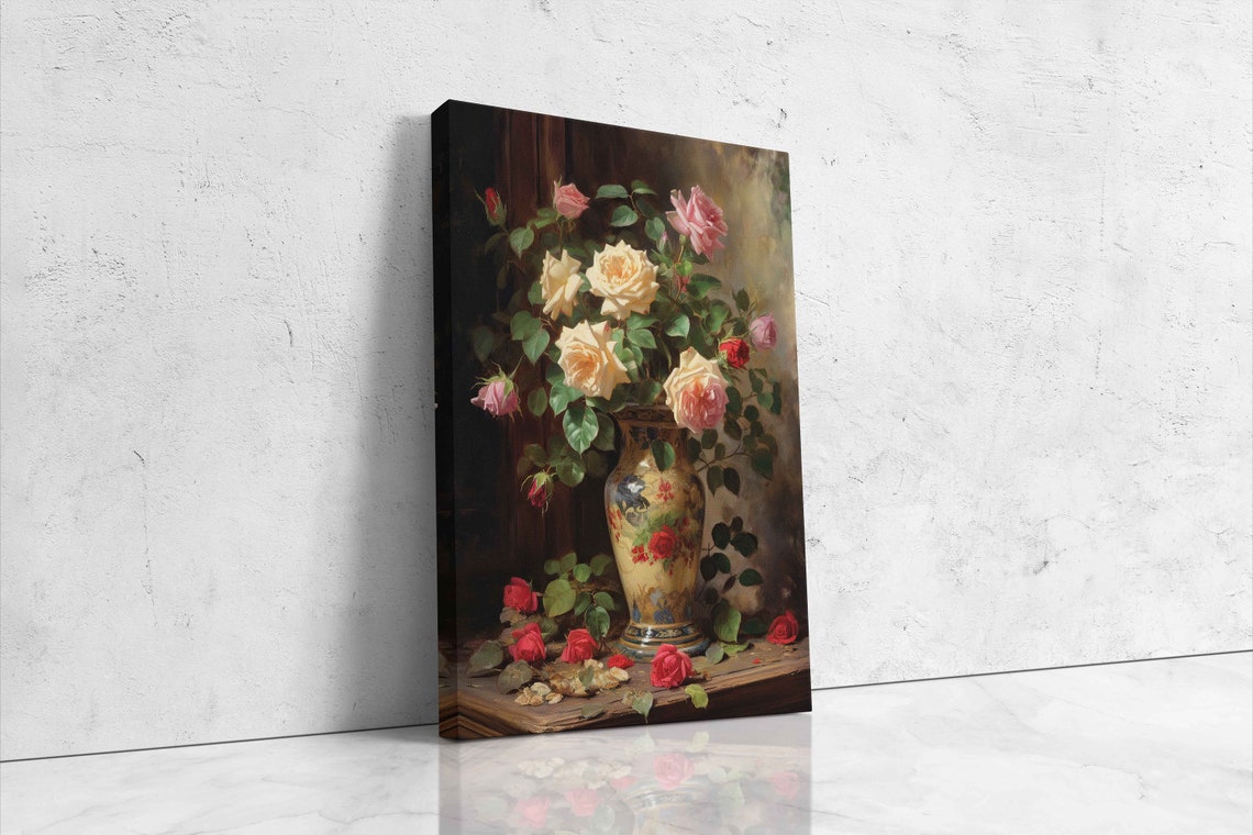 Classic Roses In Patterned Vase Still Life Oil Painting Poster - Image 4