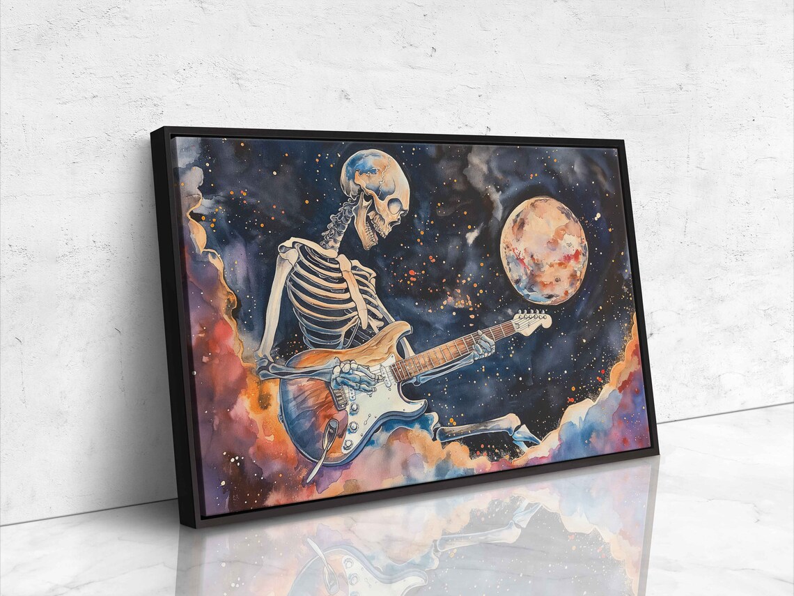 Skeleton Playing Electric Guitar Full Moon Cosmic Night Halloween Poster - Image 4