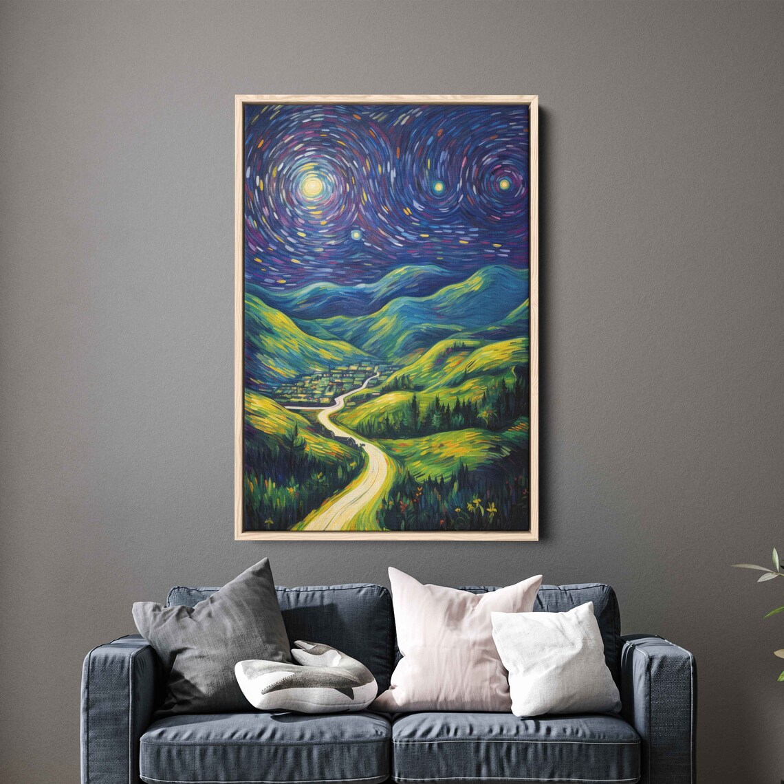 Starry Night Rural Valley Trail Winding Road Village Moon Van Gogh Art Print - Image 2