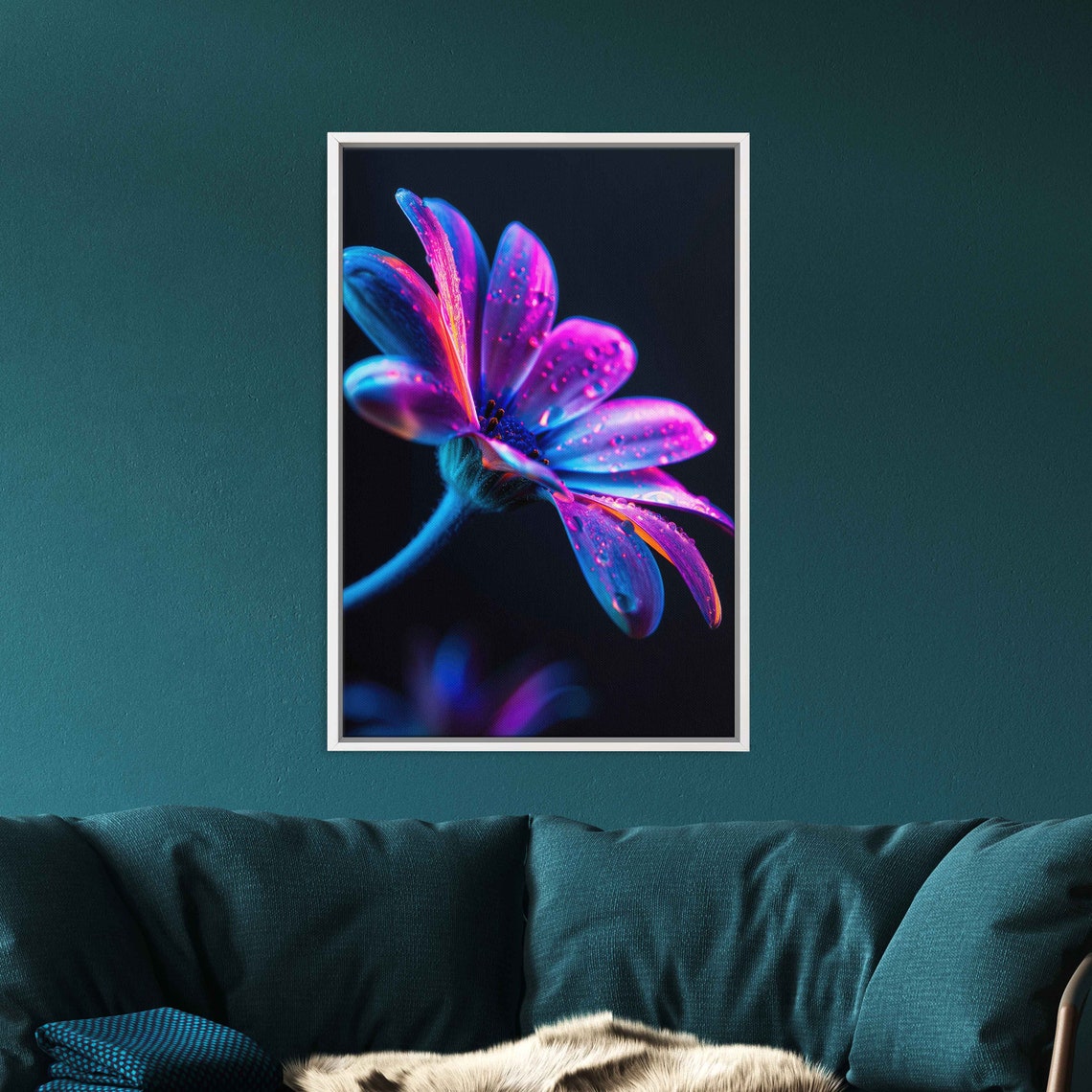 Magenta Daisy Dewdrops Neon Macro Flower Black Background Poster - Image 3