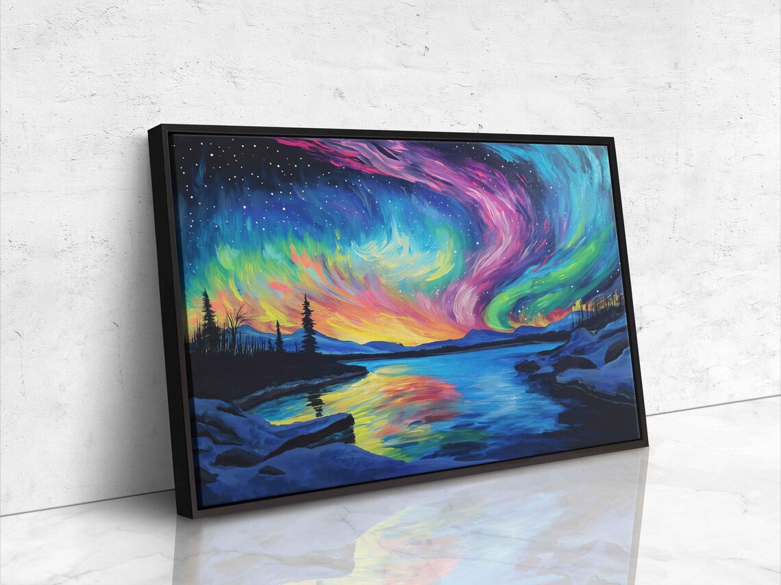 Colorful Northern Lights Over Snowy Lake Acrylic Painting Poster - Image 4