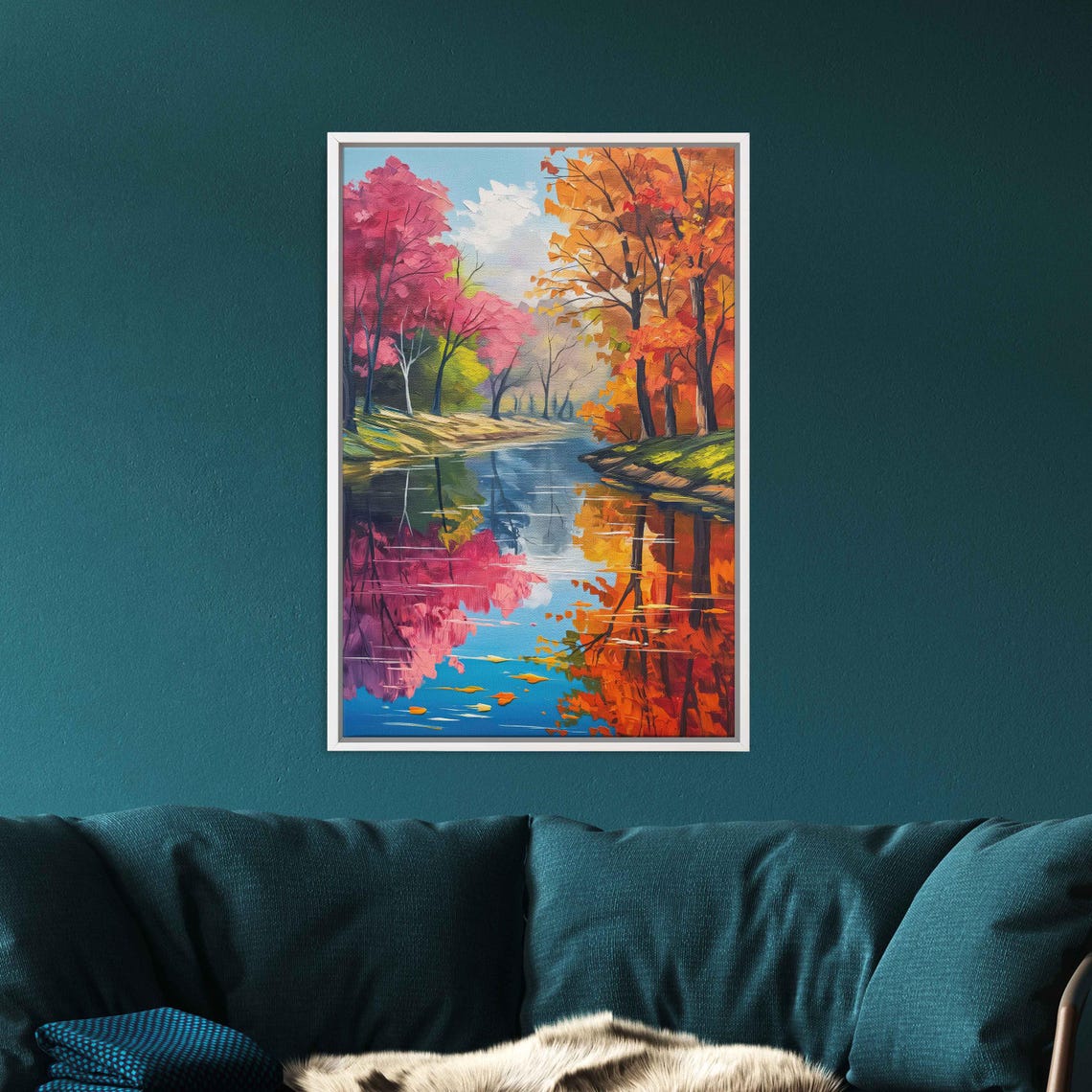 Colorful Autumn Trees Reflected In Calm River Water Painting Poster