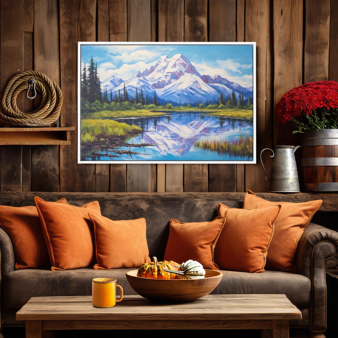 Snowy Mountain Peak Lake Reflection Pine Forest Summer Painting Poster - Image 2