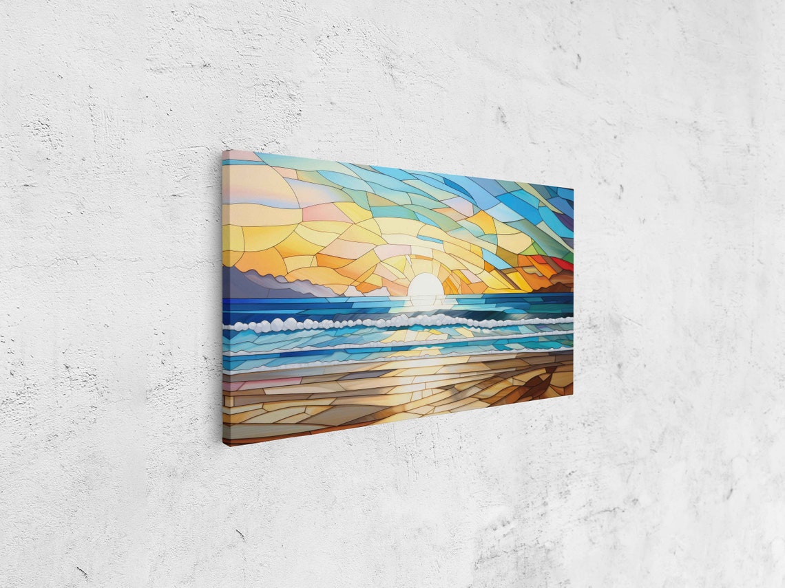 Mosaic Ocean Sunrise Stained Glass Waves Sandy Beach Art Poster - Image 4