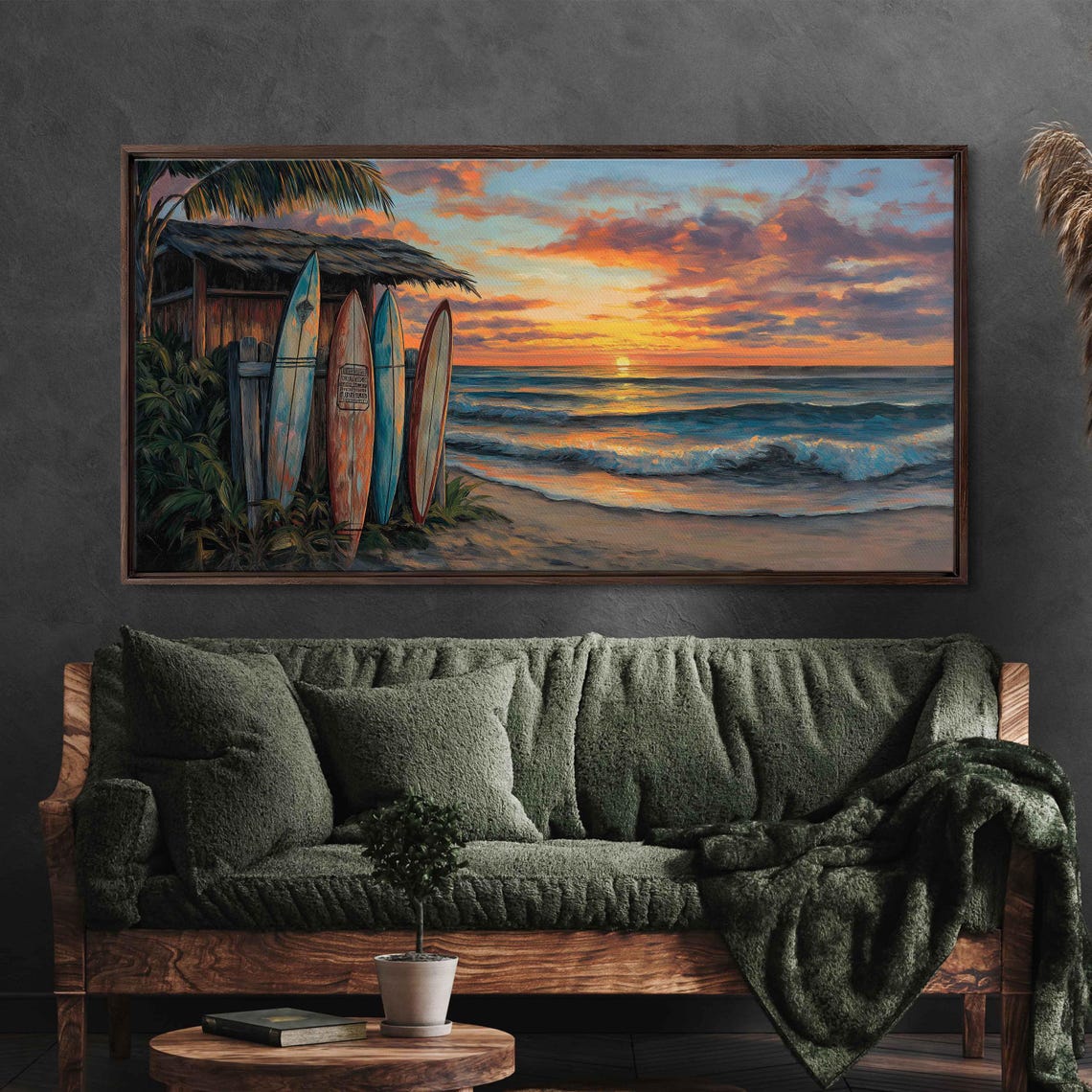 Vintage Surfboards Beach Shack Sunset Ocean Waves Palm Travel Poster