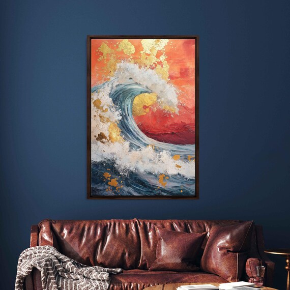 Crashing Ocean Wave Sunset Gold Leaf Dramatic Seascape Art Poster