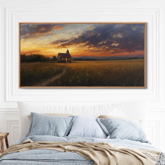 Countryside Chapel At Dusk Wall Art Print Oil Landscape Painting Vibrant Sunset Sky