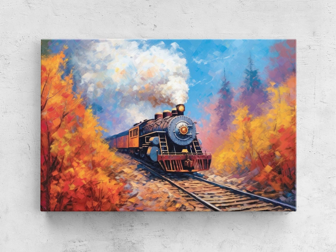 Colorful Steam Train, Autumn Impressionist Art Print