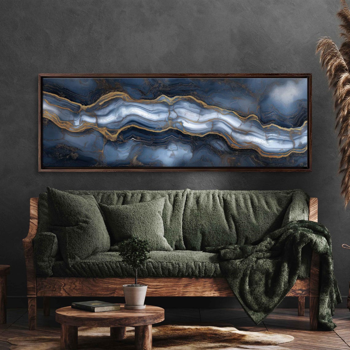 Slate Grey Agate Gold Veins Panoramic Modern Abstract Art Poster