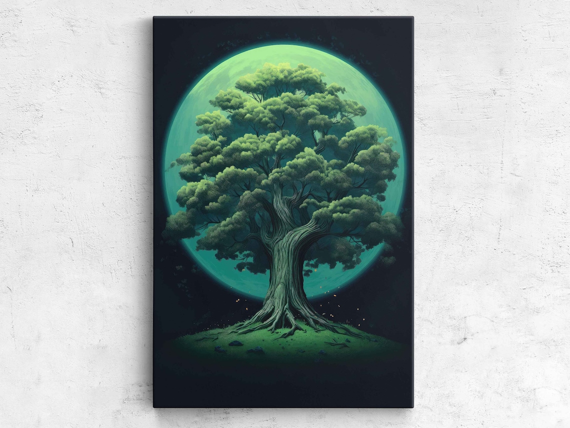 Giant Tree Silhouette Green Full Moon Night Dark Mystical Art Poster