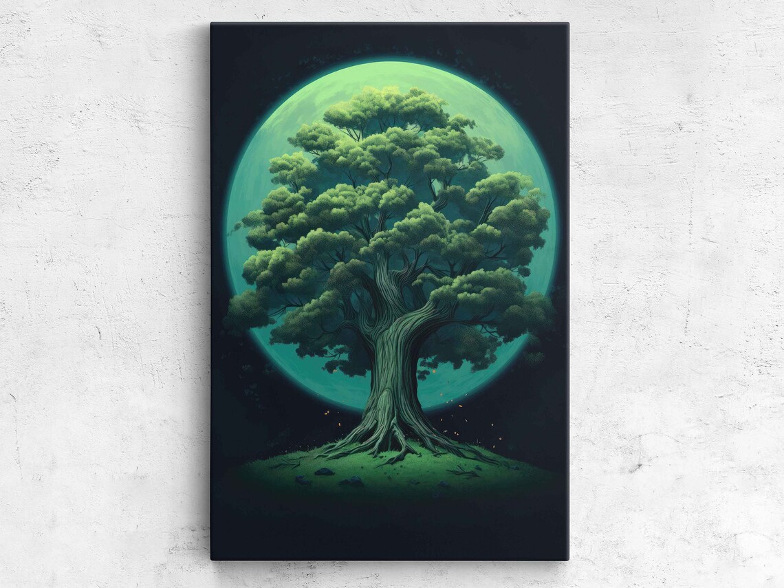 Old Tree Under A Full Moon Framed Tree Print Living Room Decor Office Decor