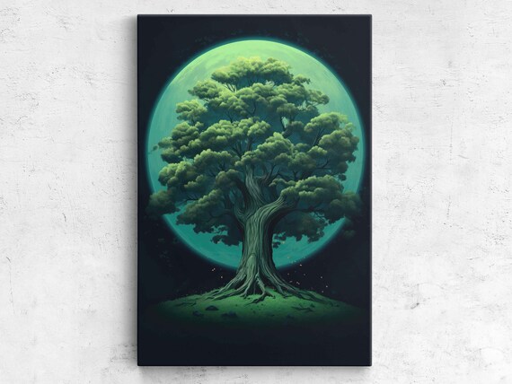 Old Tree Under A Full Moon Framed Tree Print Living Room Decor Office Decor