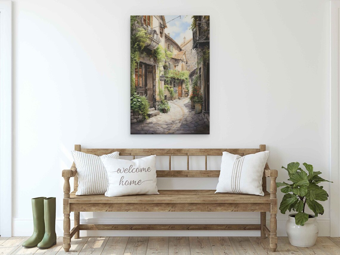 Italy Old Town Alley Cobblestone Street Flowers Sunny Wall Art - Image 2