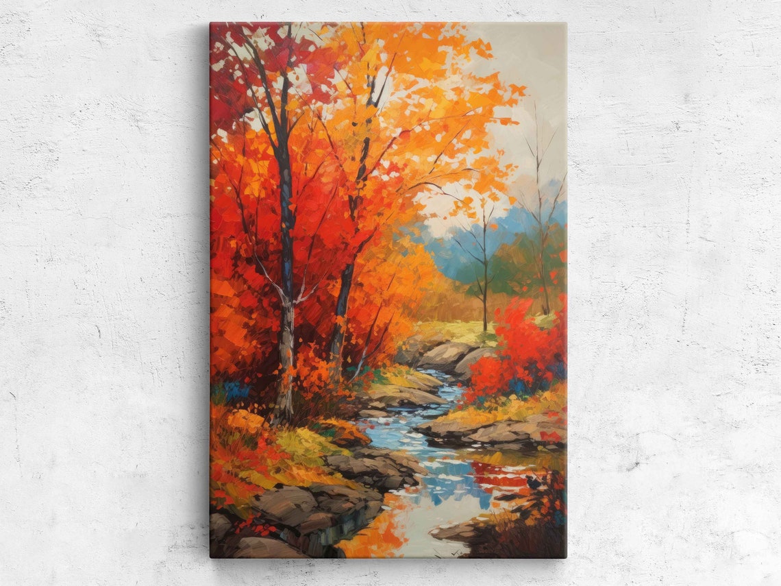 Autumn River Landscape Orange Foliage Rocky Stream Painting Poster