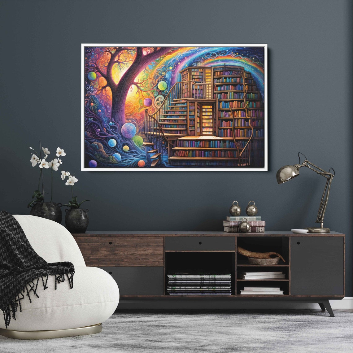 Staircase In Treehouse Library Painting Framed Print Ready To Hang - Image 3