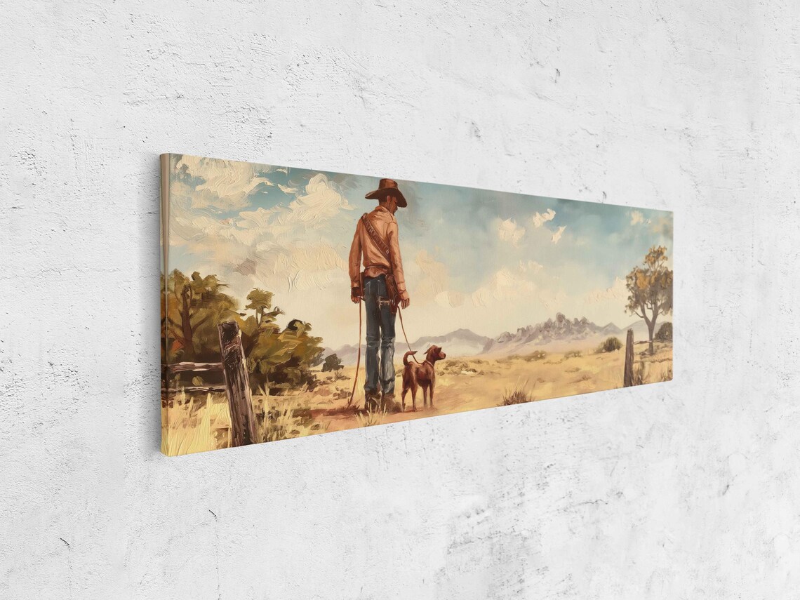 Cowboy Walking Dog Golden Desert Mountains Panoramic Wall Poster - Image 4