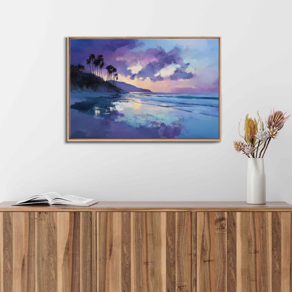 Tranquil Beach Scene At Dusk Wall Art Print Silhouetted Palm Trees Soft Purples And Blues