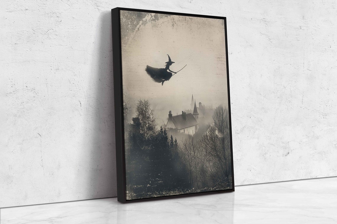 Witch Silhouette Flying Over Haunted Village Vintage Spooky Wall Art - Image 4