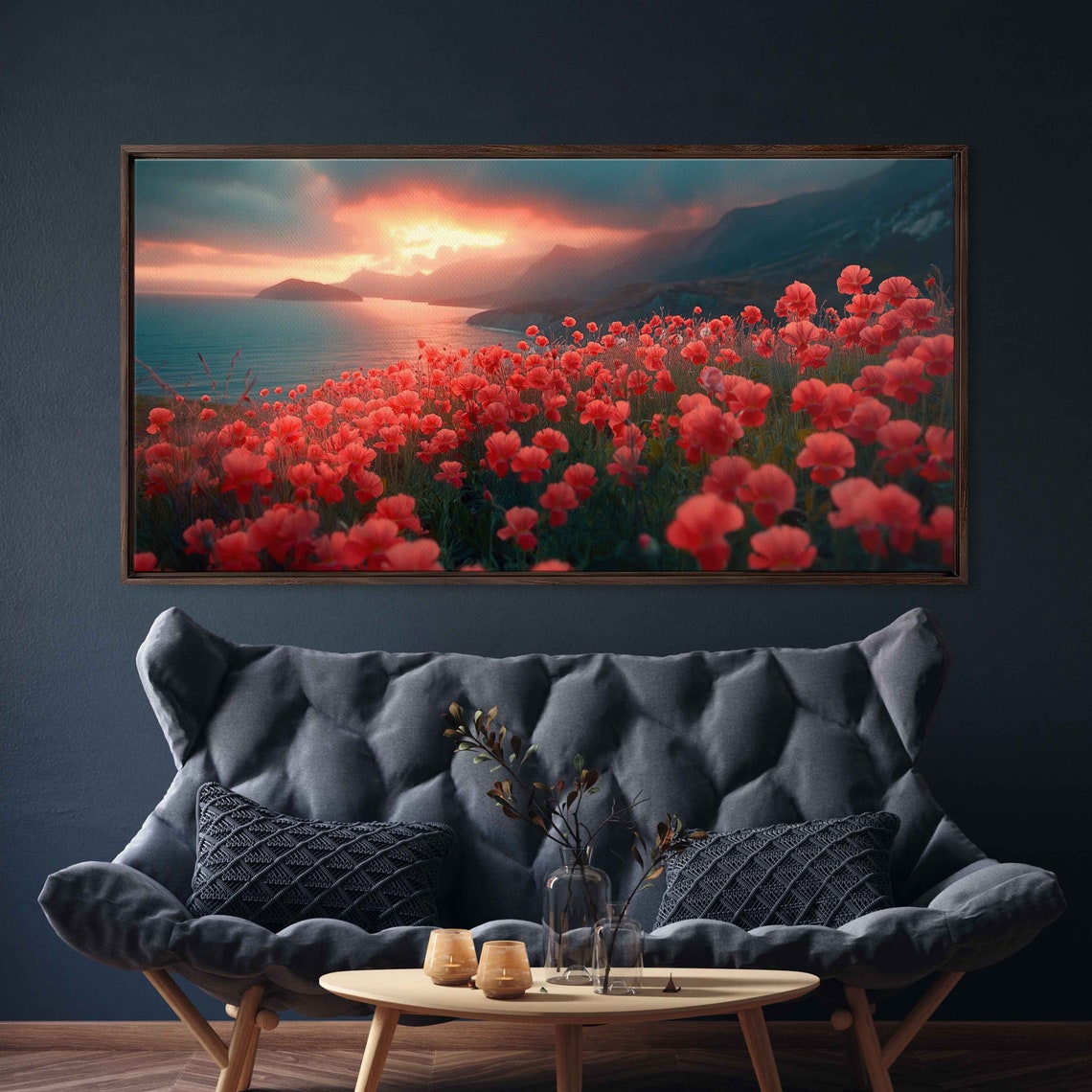 Red Poppy Field Ocean Sunset Dramatic Sky Coastal Landscape Wall Art - Image 3
