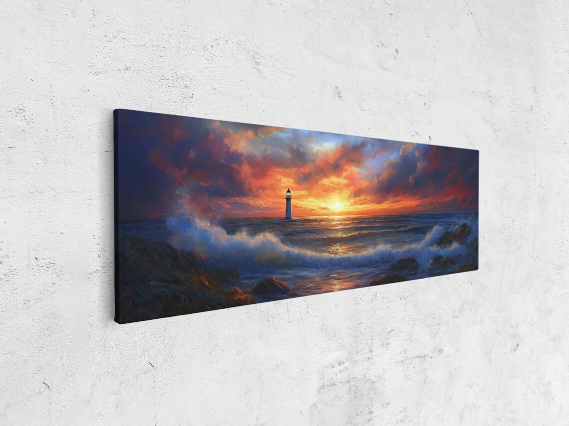 Lighthouse Sunset Ocean Horizon Fiery Sky Waves Rocky Shore Hopeful Poster - Image 4