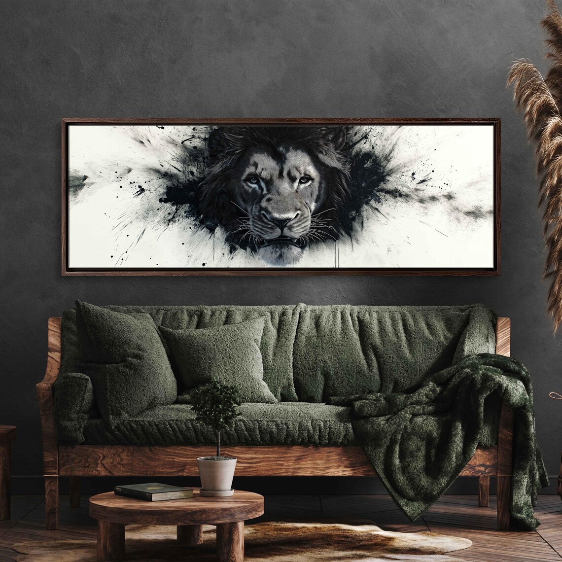 Lion Face Emerging from Bold Black Ink Splash on White Panoramic Wall Art Poster - Image 3