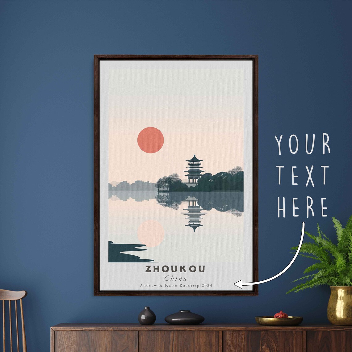 Zhoukou China Lakeside Pagoda Sunset Reflection Minimal Travel Poster - Image 3