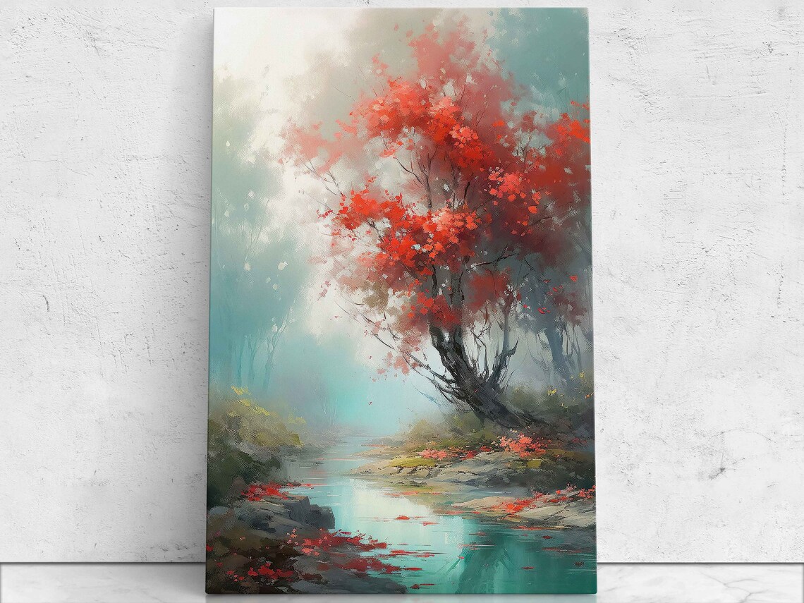 Beautiful Blossoming Tree On River Oil Painting Print On Read To Hang