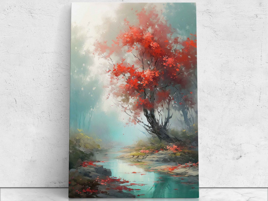 Red Blossom Tree By Misty River Soft Impressionist Nature Poster