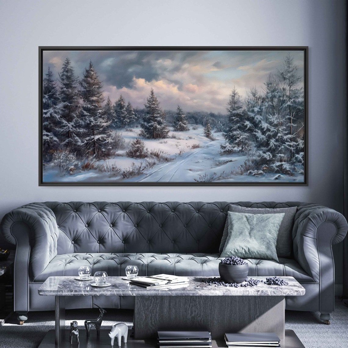 Snowy Winter Forest Path Pine Trees Cloudy Sky Landscape Poster
