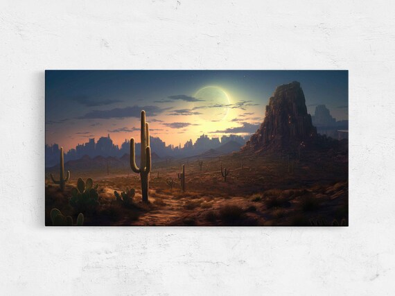 Moonlit Desert Landscape Framed Canavs Print Ready To Hang Large Wall Art Living Room Decor Western Art