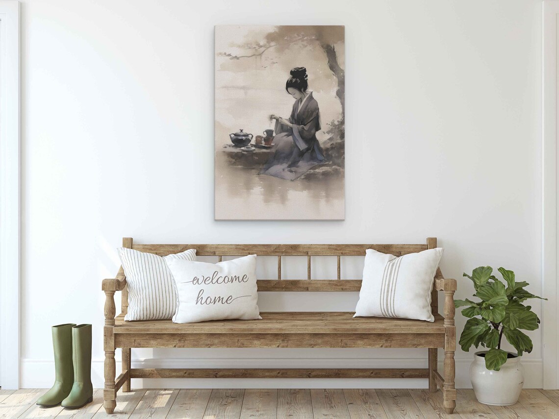 Japanese Woman Kimono Tea Ceremony Ink Watercolor Art Poster - Image 2