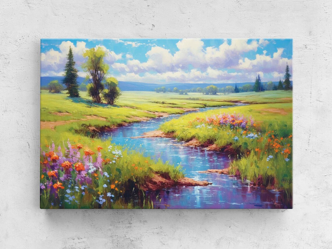 Summer Meadow River Painting, Vibrant Landscape Art Print