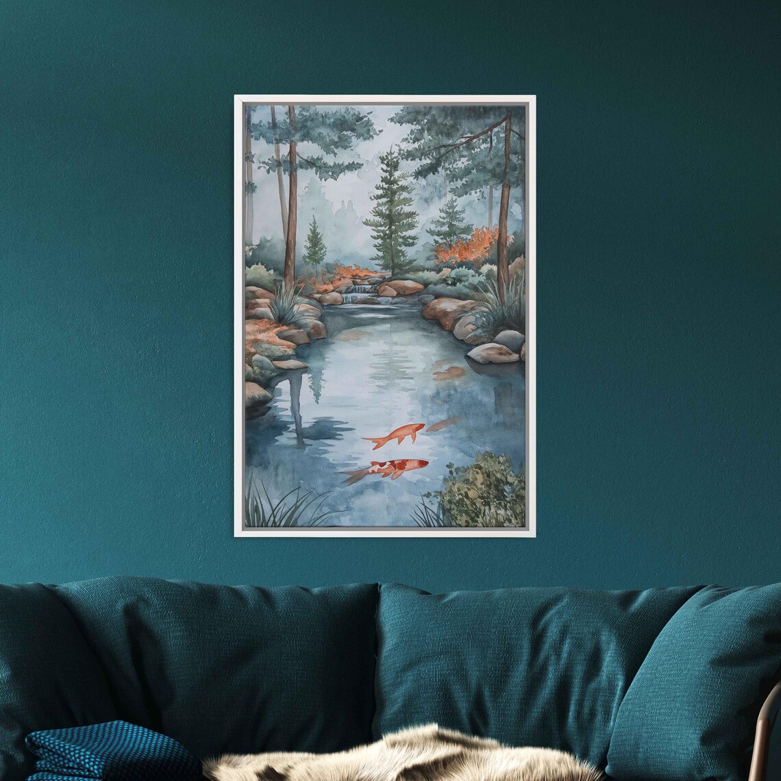 Watercolor Koi Pond Forest Stream Morning Fog Pine Trees Tranquil Art Print - Image 3