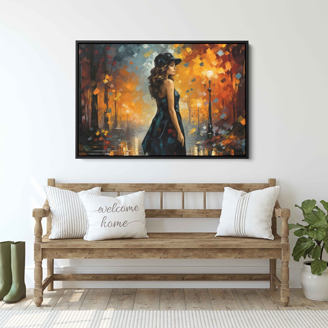 Woman Walking Autumn Night Street Palette Knife City Rain Lamp Art - Image 2