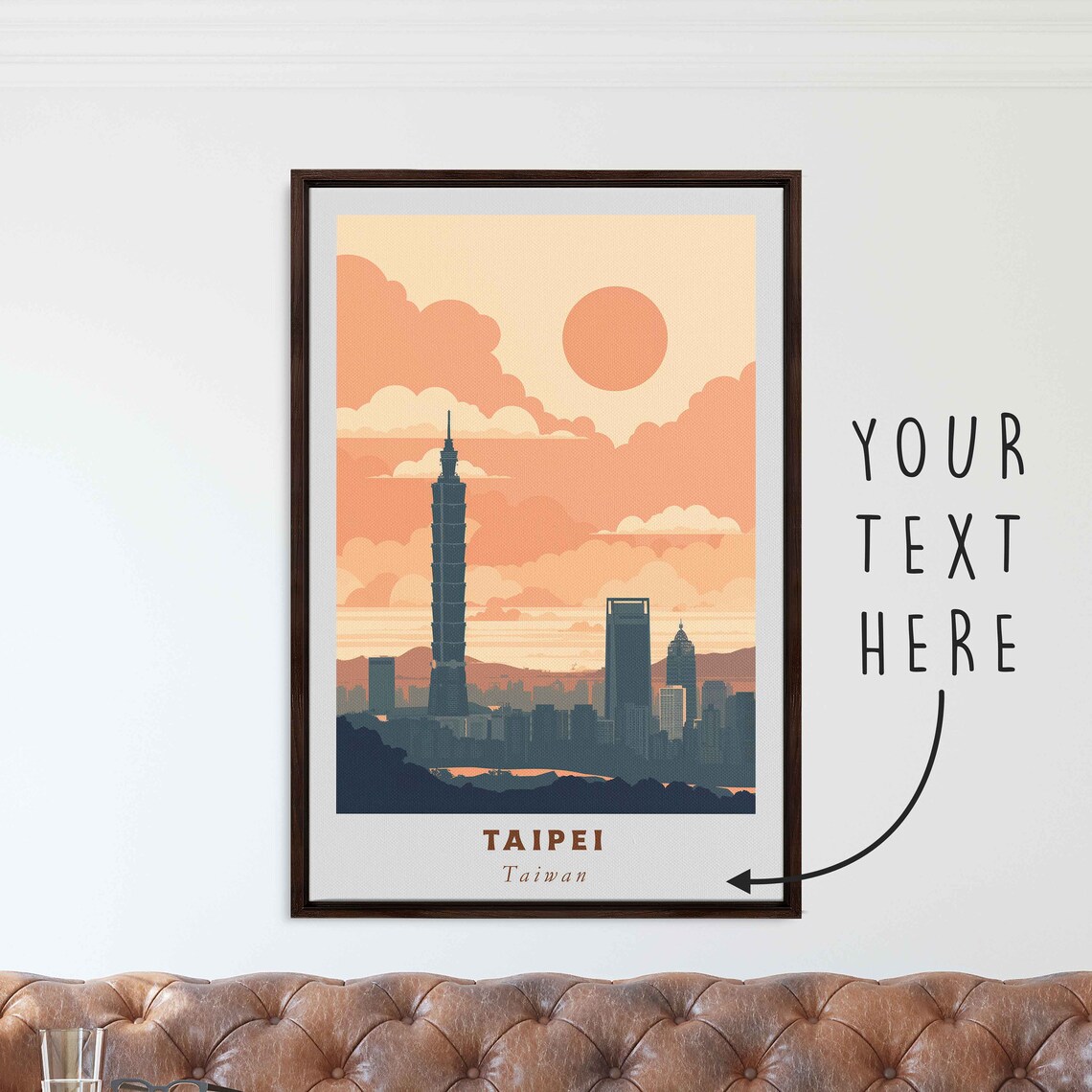 Taipei 101 Skyline Sunset Peach Sky Retro Taiwan Travel Poster