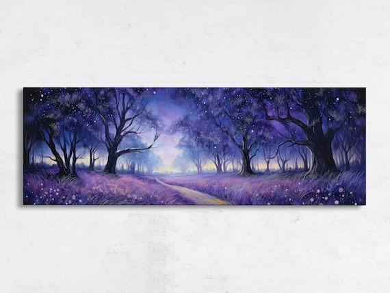 Lavender Meadow Twilight Path Purple Night Forest Panoramic Art Print