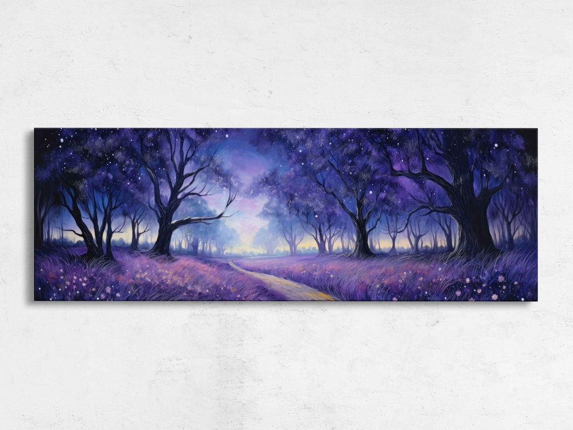 Lavender Meadow Twilight Path Purple Night Forest Panoramic Art Print