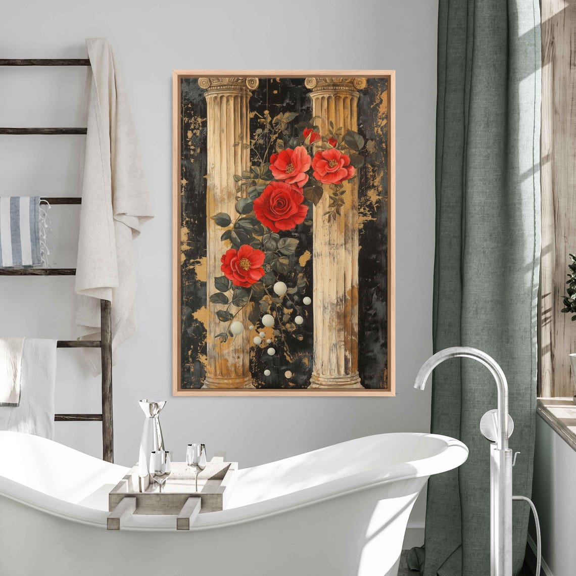Classical Stone Columns Climbing Red Roses Gold Dark Floral Art Poster