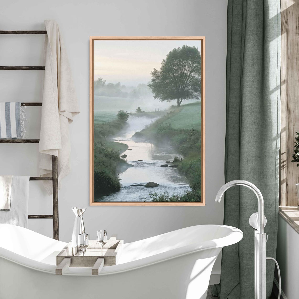 Misty Morning In English Countryside Wall Art Print Serene Stream Foggy Landscape - Image 3