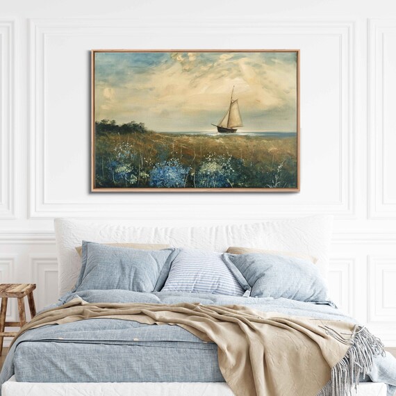 Sailboat On Sea Beyond Wildflower Field Vintage Style Landscape Painting Poster